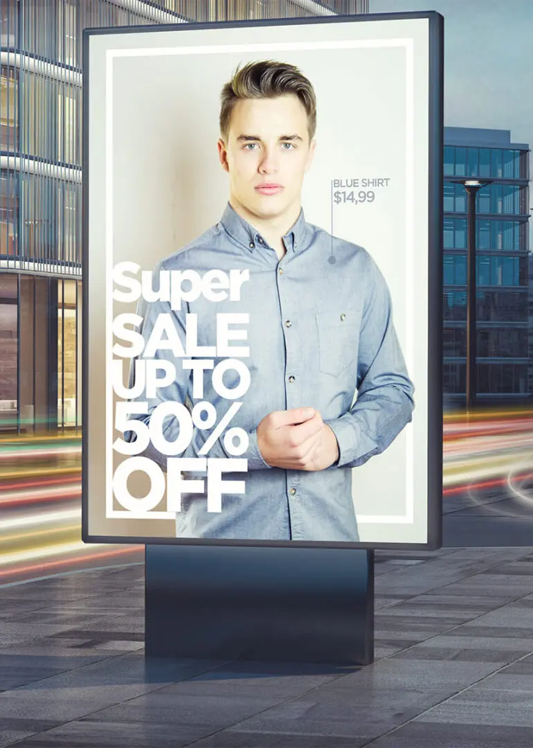 Advertising fashion sale billboard in city night 3d rendering