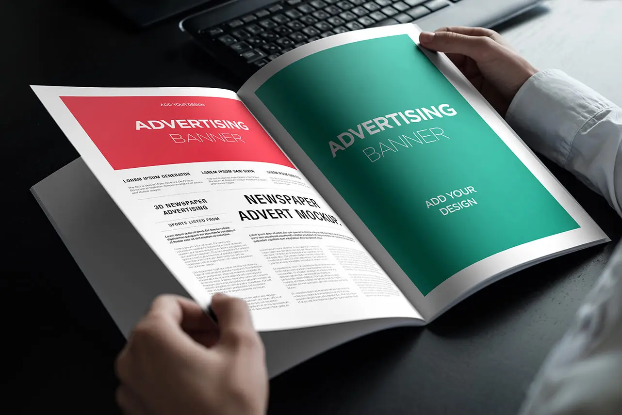 Advertising Banner on Magazine, Brochure Mockup With Hands